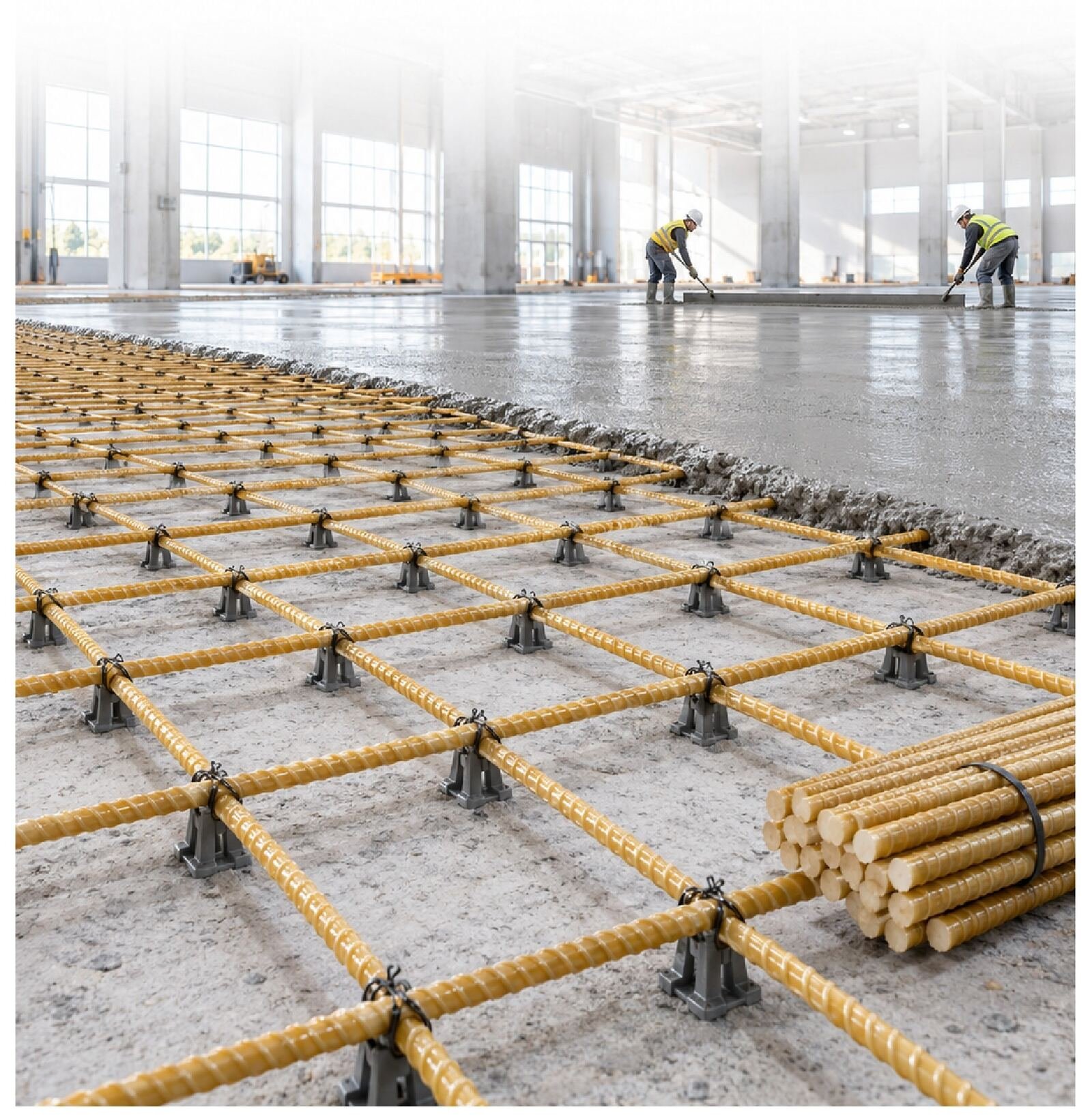 GFRP rebar mesh laid on site before concrete pour